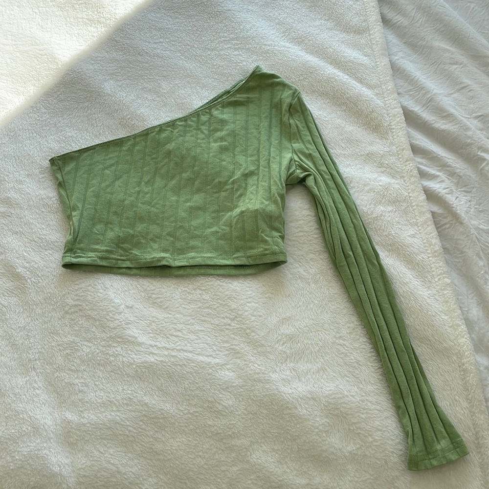 Green one shoulder ribbed long sleeve top